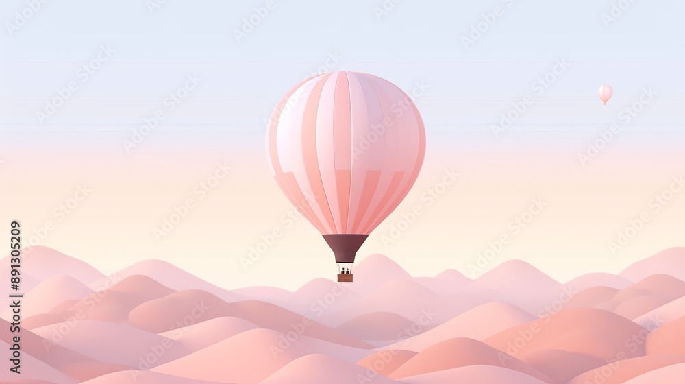 Obraz premium Pastel hot air balloon floating over a dreamy landscape, with soft-colored hills and a gentle pastel sky