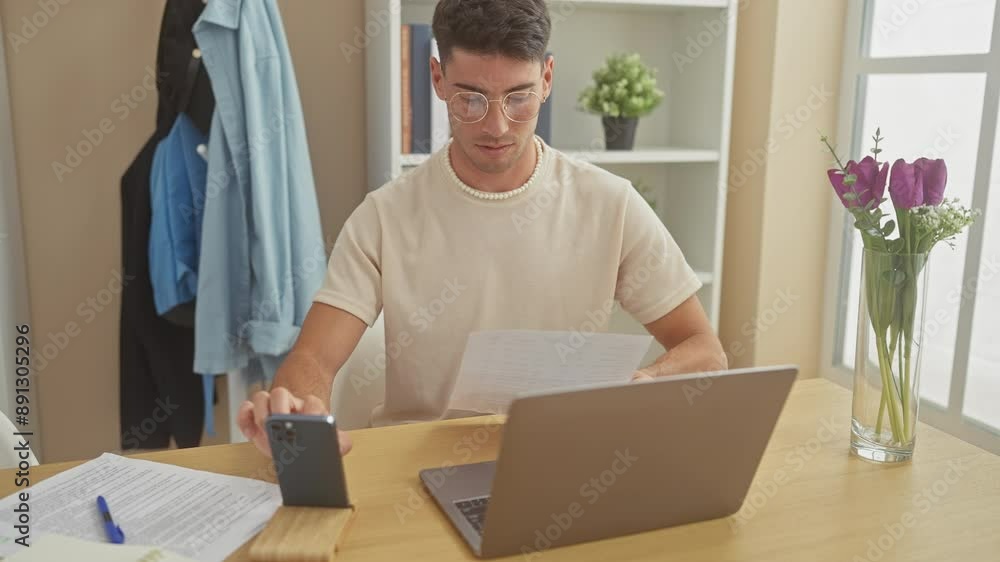 Attractive hispanic man studying papers and using smartphone in a modern home interior. Attractive hispanic man studying papers and using smartphone in a modern home interior.