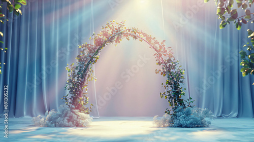 Dreamlike floral archway in ethereal blue setting photo