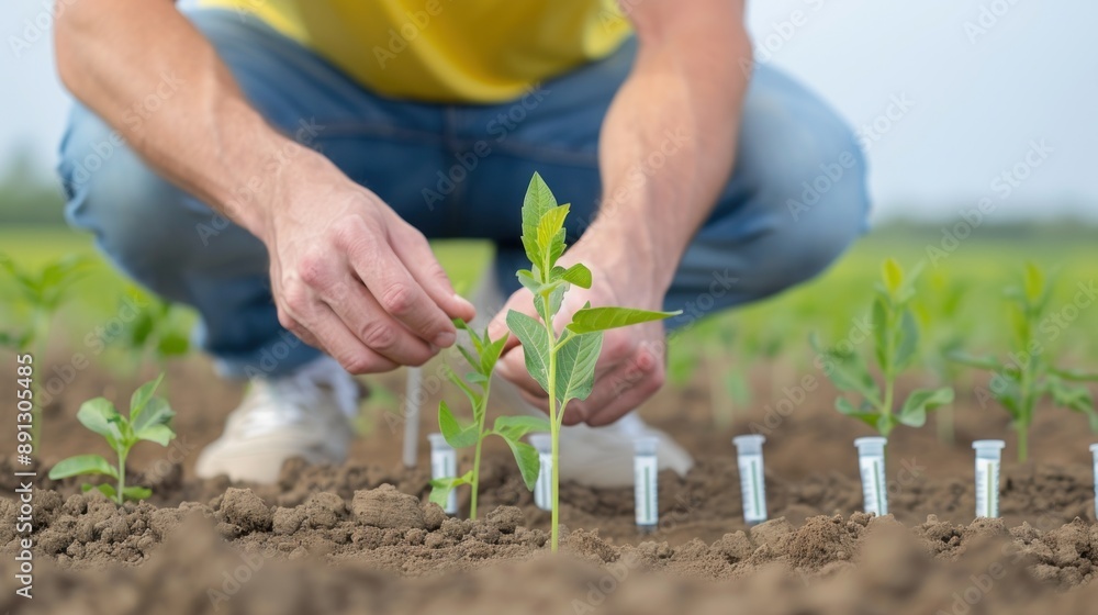 Fototapeta premium A farmer carefully inspects the soil quality in his field to ensure optimal growing conditions.