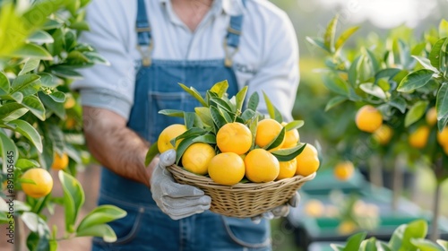  A farmer harvests organic oranges in the garden. photo