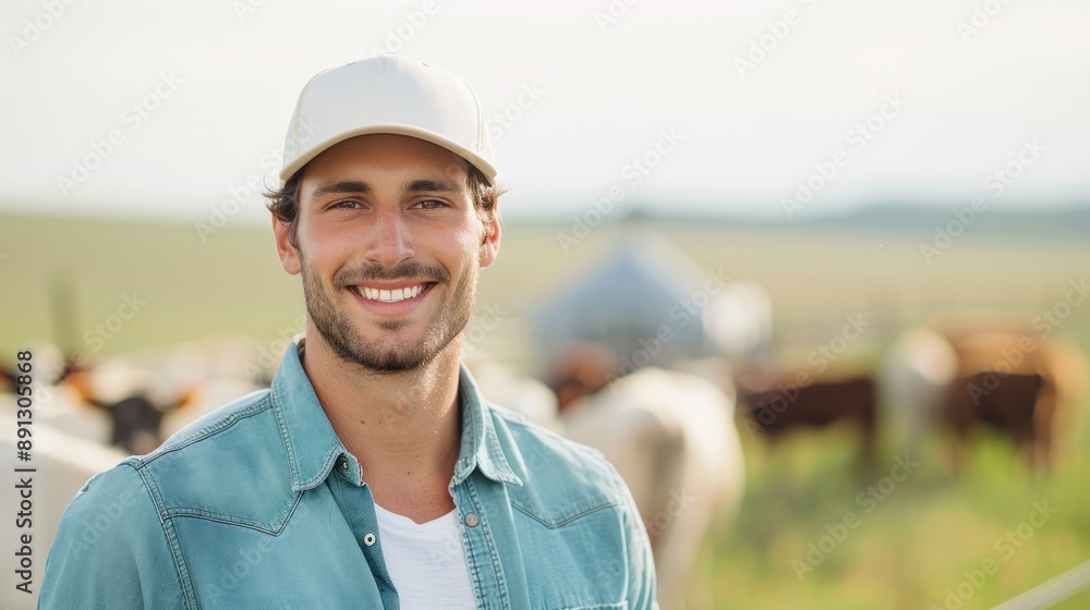 A modern farmer efficiently raises cattle using advanced technology, management practices for sustainable and productive farming. A modern farmer efficiently raises cattle using advanced technology, management practices for sustainable and productive farming.