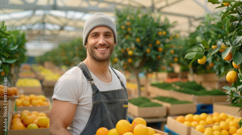Obraz premium A modern farmer harvests organic oranges in the garden, using sustainable methods and advanced techniques to ensure high-quality produce and effective management.