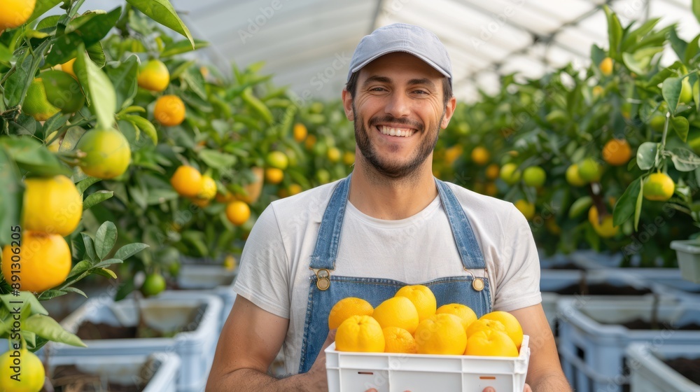 Obraz premium A modern farmer harvests organic oranges in the garden, using sustainable methods and advanced techniques to ensure high-quality produce and effective management.