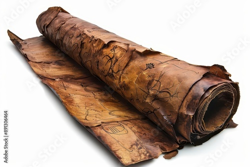 Ancient, weathered parchment scroll with old, faded script, depicting historic handwritten text, rolled and partially unrolled. photo