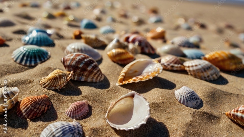 Close-up of colorful seashells scattered on the sand Close-up of colorful seashells scattered on the sand