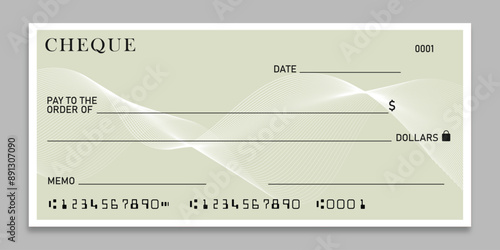 Blank bank check, checkbook cheque template with blue guilloche, vector mockup. Money payment bank check voucher or pay cash cheque certificate. Vector