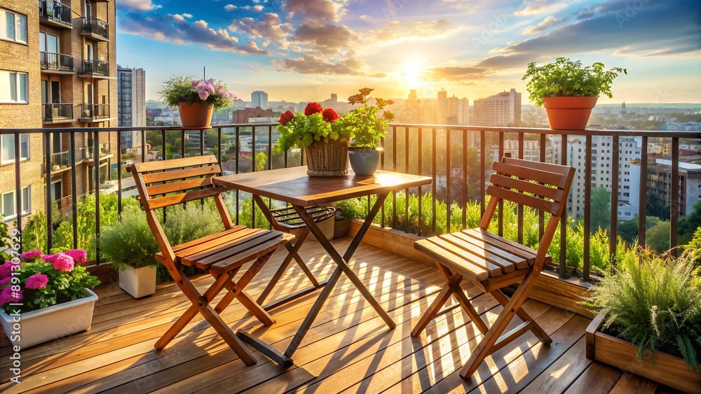 Fototapeta premium Small balcony garden enjoying golden hour sunlight