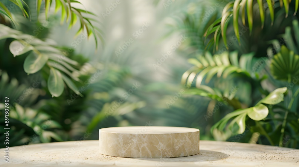 A white pedestal is surrounded by green leaves and plants. A white pedestal is surrounded by green leaves and plants.