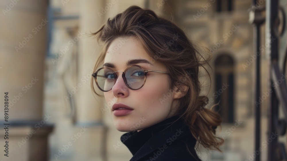A woman wearing glasses and a black sweater stands in front of a building A woman wearing glasses and a black sweater stands in front of a building