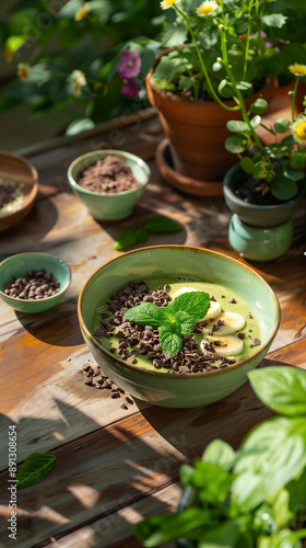 Green smoothie decorated with chocolate drops, mint and banana in a deep green bowl