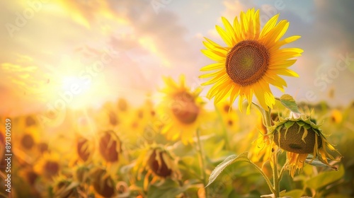 Sunflowers facing the sun in a vibrant field