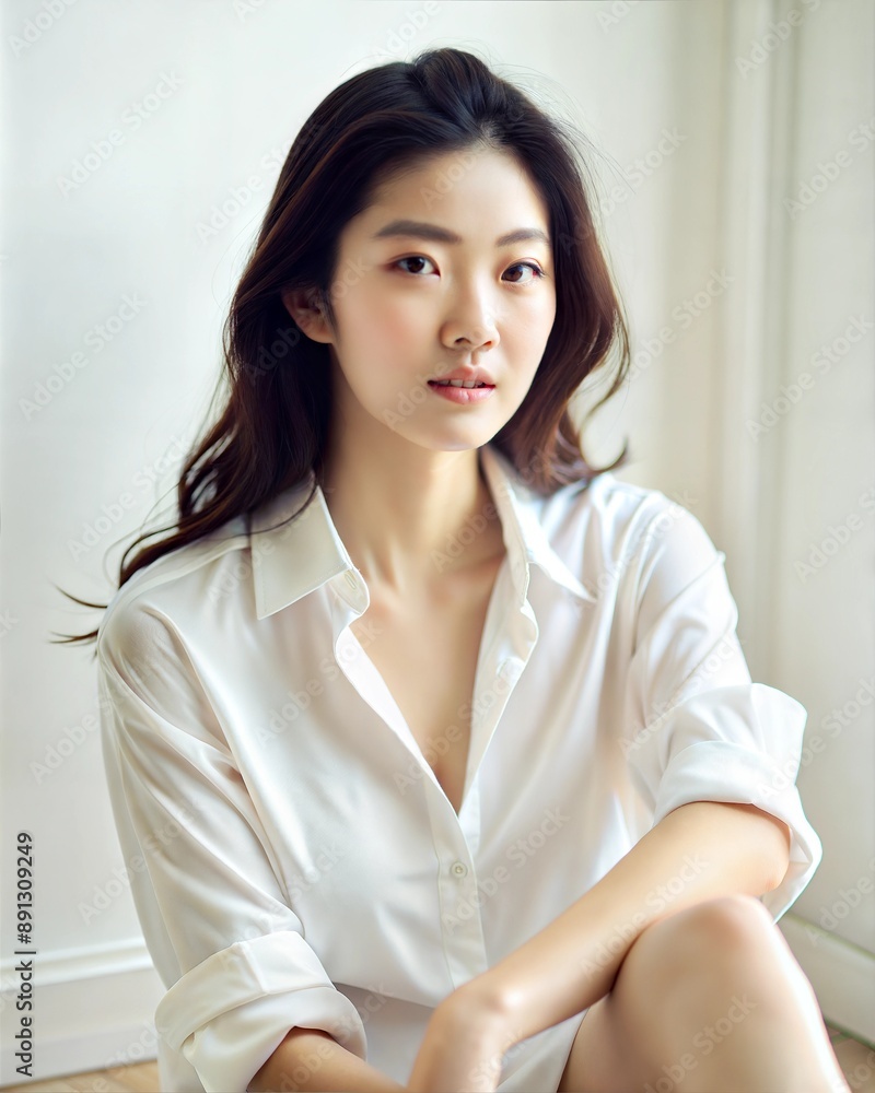 床に座る魅力的なアジアのモデルの女の子、白いシャツの襟を着た自然なシンプルな外観