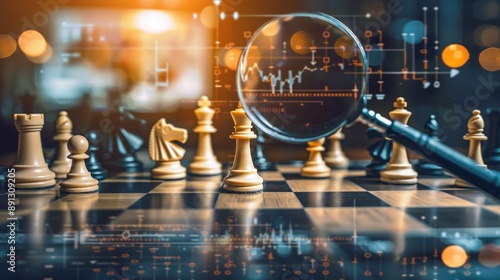 Chessboard Strategy with Magnifying Glass on a Stock Market Chart