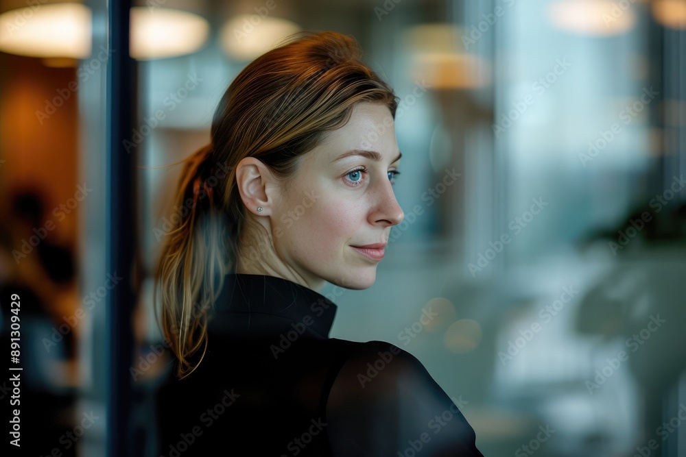 Focused Businesswoman Gazing Out Window in Boardroom Focused Businesswoman Gazing Out Window in Boardroom