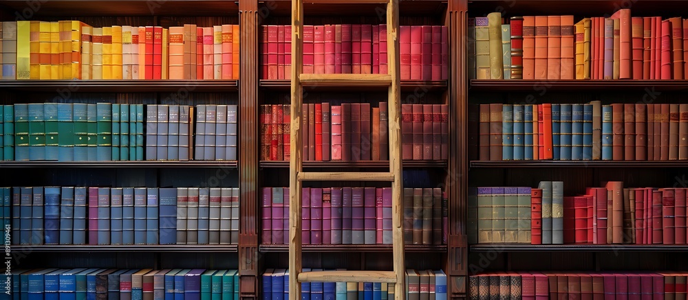 A sophisticated library scene capturing shelves adorned with books in vibrant hues, complemented by a wooden ladder adding a touch of classic elegance. A sophisticated library scene capturing shelves adorned with books in vibrant hues, complemented by a wooden ladder adding a touch of classic elegance.