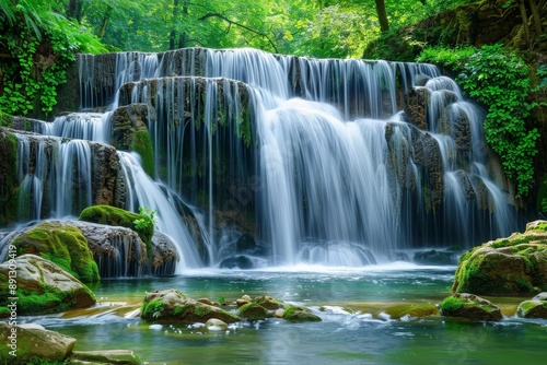 Wild waterfall cascading over rocks in lush green forest