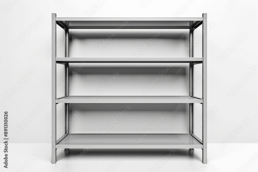 Empty modern shelf unit standing near white wall Empty modern shelf unit standing near white wall