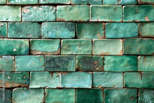 Rustic Green Ceramic Tiles Wall Background - Textured Brick Pattern for Interior Design Inspiration photo