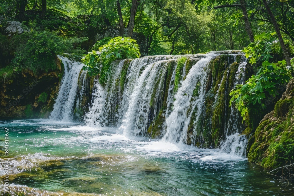Pure fresh water cascading down waterfall in green lush forest Pure fresh water cascading down waterfall in green lush forest