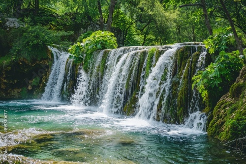 Pure fresh water cascading down waterfall in green lush forest