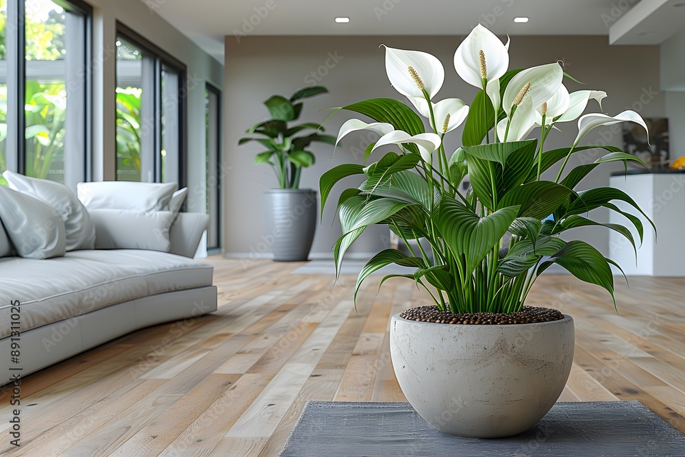 Elegant Peace Lily in Modern Living Room - Home Decor, Interior Design Inspiration, Indoor Plant Aesthetic Elegant Peace Lily in Modern Living Room - Home Decor, Interior Design Inspiration, Indoor Plant Aesthetic