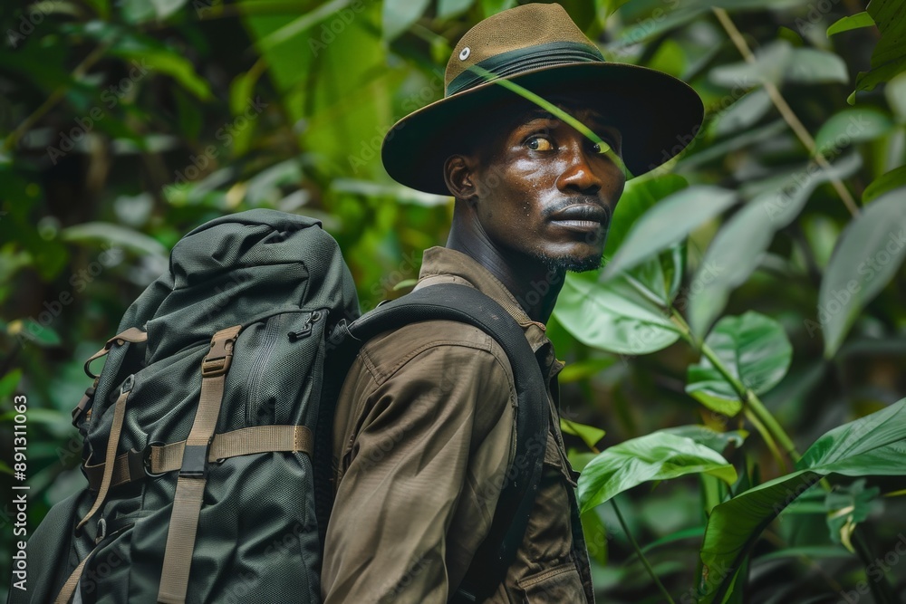 Fototapeta premium Park ranger walking through lush tropical rainforest