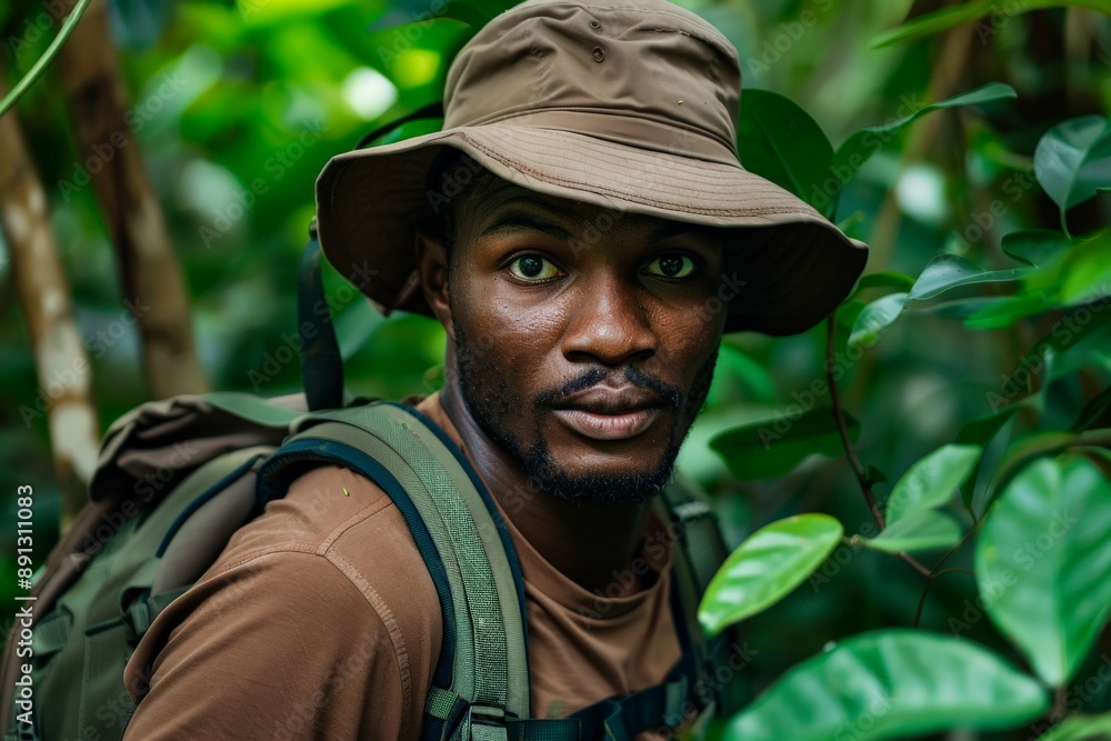 Fototapeta premium Young male explorer hiking through tropical jungle foliage