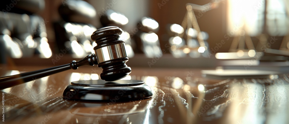 Judicial Decision Pending Judge's Gavel poised over Courtroom Bench for Legal Verdict Concept. Judicial Decision Pending Judge's Gavel poised over Courtroom Bench for Legal Verdict Concept.