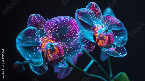Glowing Neon Orchids on Black Background