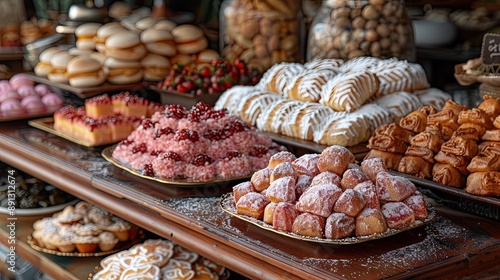 A close up of traditional sweets and desserts, displayed on a beautifully decorated table.