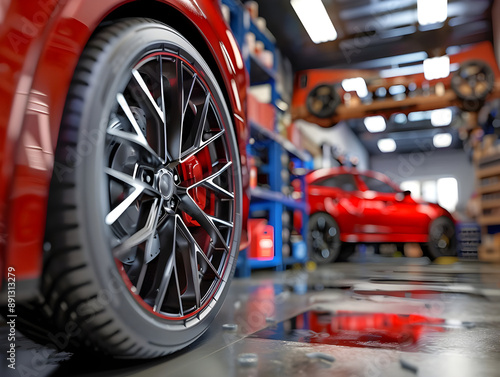 3D Rendering Car Wheel in Auto Repair Shop, Illustrating Precision and Expertise in Automotive Maintenance