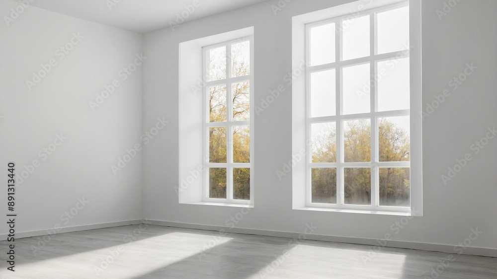 Minimalist white room interior with windows showing natural scenery. A clean room with shadow overlays. The morning sun passes through the window. AI-Generated Minimalist white room interior with windows showing natural scenery. A clean room with shadow overlays. The morning sun passes through the window. AI-Generated