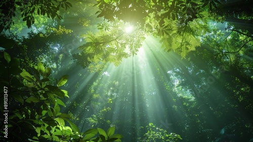 Sunlight filtering through the canopy of a rainforest