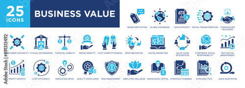Business Value, growth, strategy, management, company, investment icon set. icons collection. Simple vector illustration