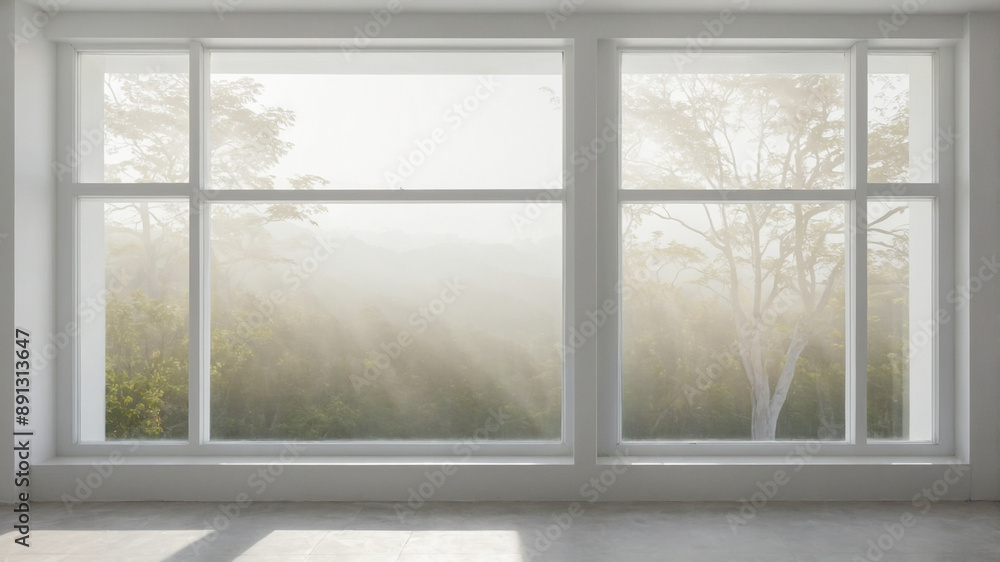 Naklejka premium Minimalist white room interior with windows showing natural scenery. A clean room with shadow overlays. The morning sun passes through the window. AI-Generated