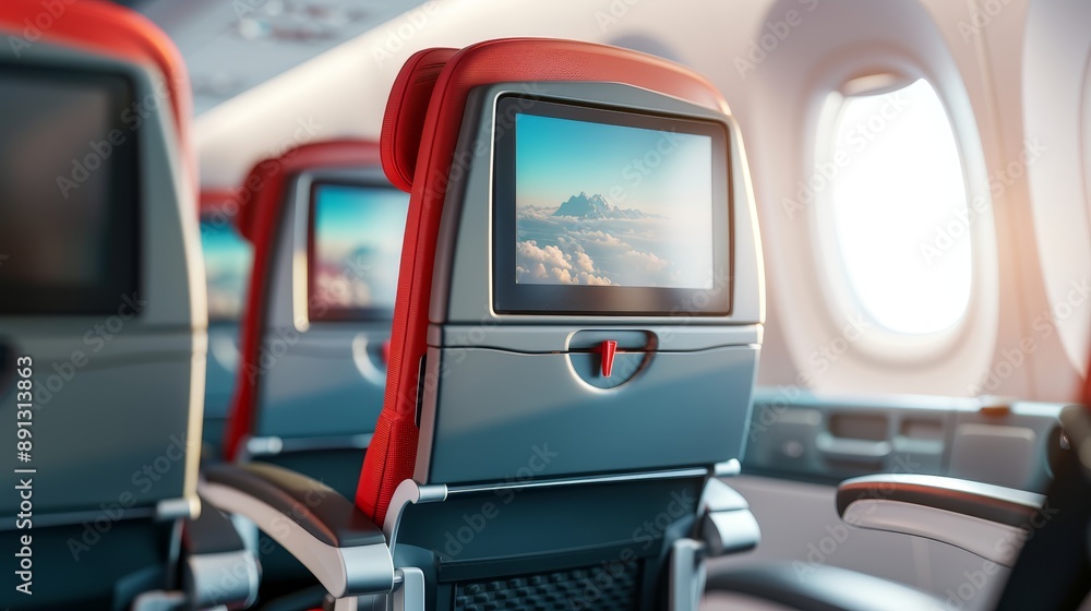 In-Flight Entertainment Mockup: Blank LCD Screen on Airplane Seats in Modern Cabin In-Flight Entertainment Mockup: Blank LCD Screen on Airplane Seats in Modern Cabin