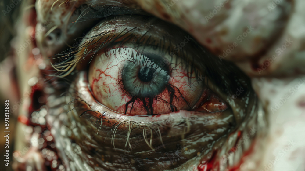 Obraz premium Close-up of a zombie eye, with bloodshot veins and a lifeless stare