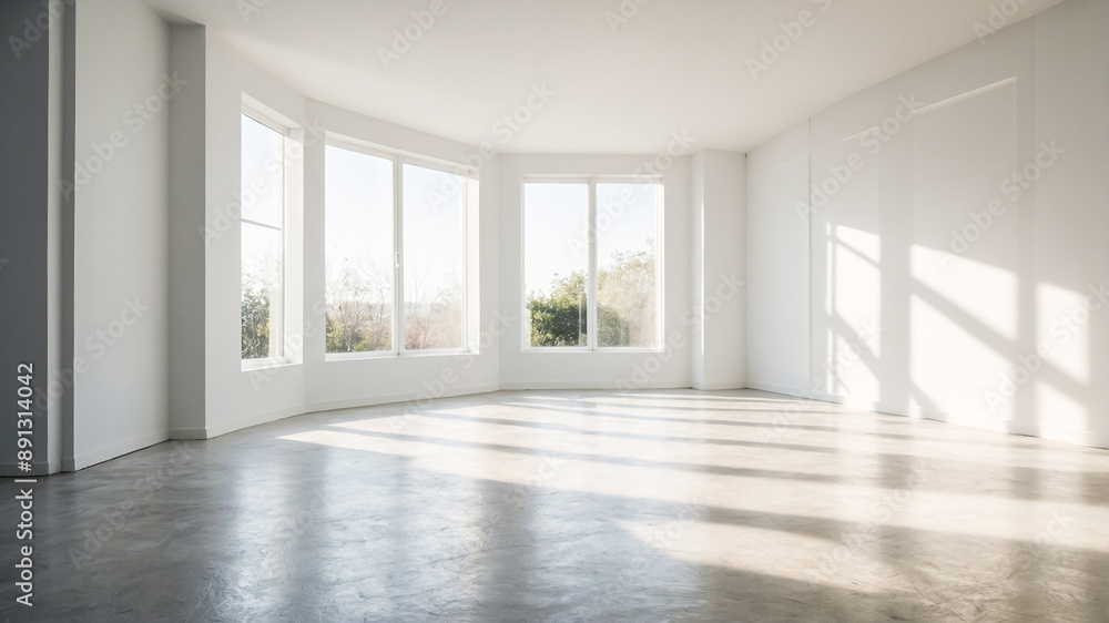 Minimalist white room interior with windows showing natural scenery. A clean room with shadow overlays. The morning sun passes through the window. AI-Generated Minimalist white room interior with windows showing natural scenery. A clean room with shadow overlays. The morning sun passes through the window. AI-Generated