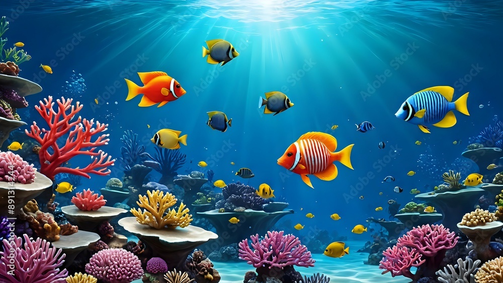Fototapeta premium Vibrant coral reef with colorful fish swimming peacefully.