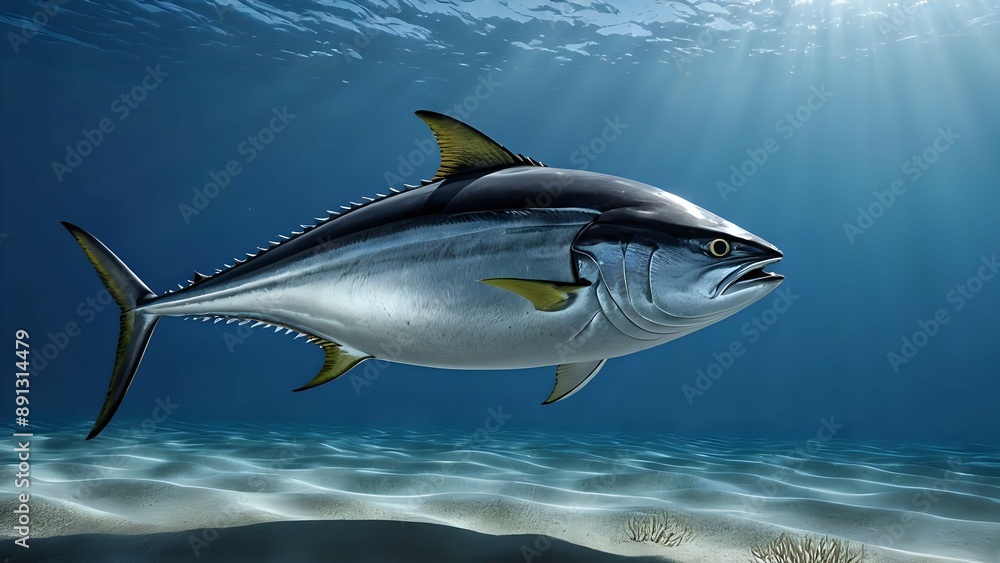 Obraz premium A large tuna swims through the clear blue water.