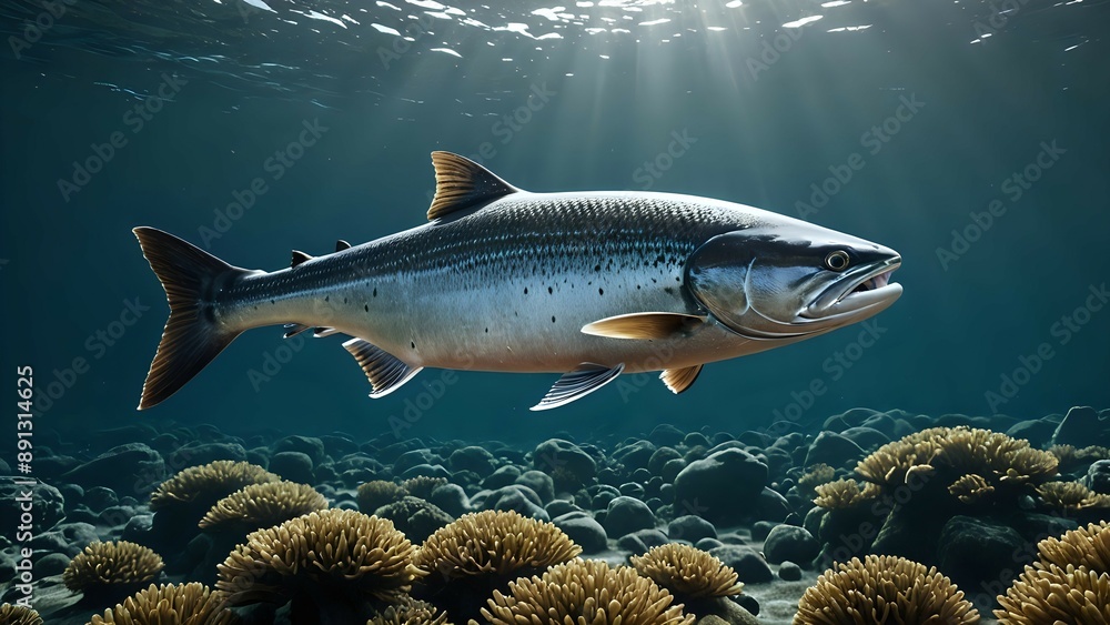 A single salmon swimming in the ocean, sunbeams shining down on it. A single salmon swimming in the ocean, sunbeams shining down on it.