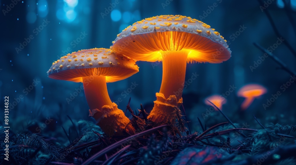 Fototapeta premium Glowing Mushrooms Illuminated in Mystical Forest at Dusk