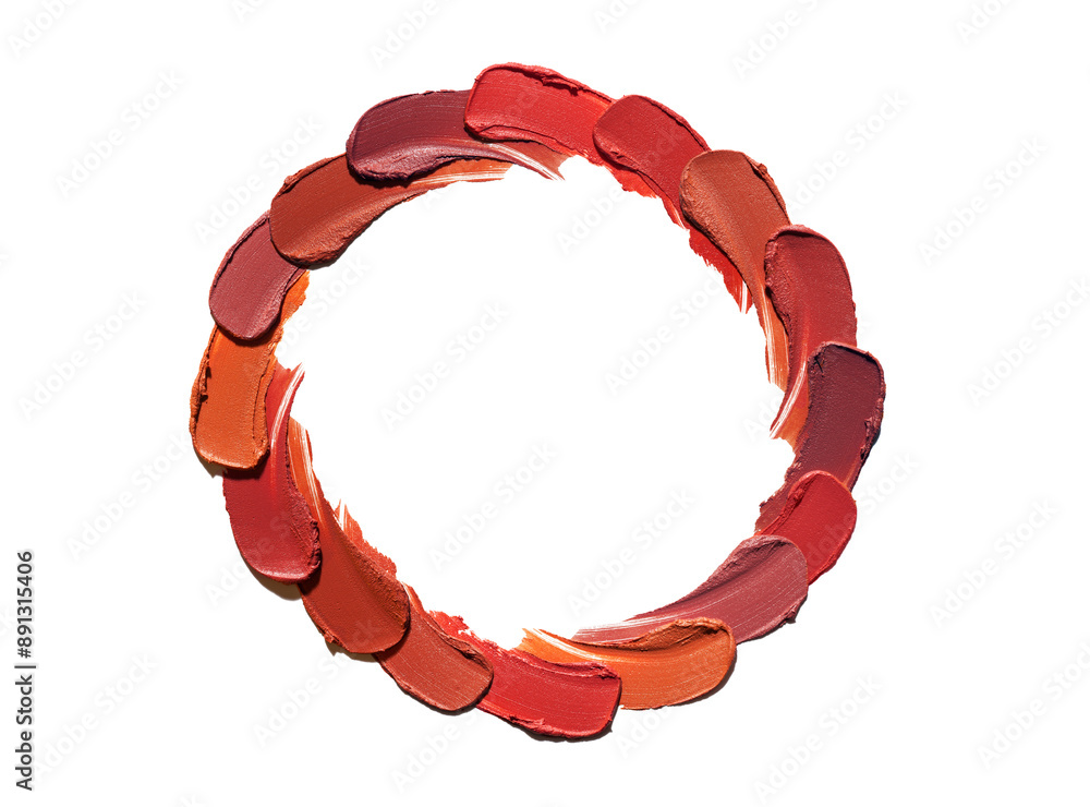 Cosmetic red nude lipstick textured background circle shaped round frame isolated on white Cosmetic red nude lipstick textured background circle shaped round frame isolated on white