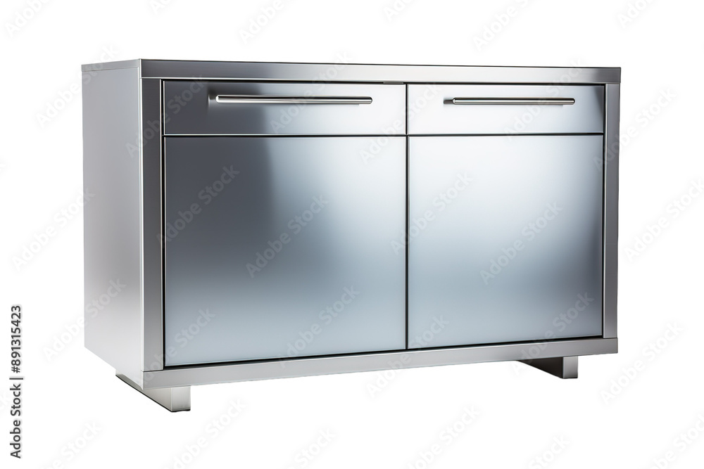 Modern Stainless Steel Cabinet With Frosted Glass Doors and Sleek Handles on a Clear PNG or White Background. Modern Stainless Steel Cabinet With Frosted Glass Doors and Sleek Handles on a Clear PNG or White Background.