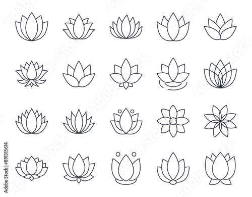 Vector water lily icon. Yoga lotus symbol, flower of well-being and healthy lifestyle, elegant blooming. Editable stroke thin line set. Natural simple plant elements on white background