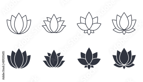 Vector water lily icon. Yoga lotus symbol, flower of well-being and healthy lifestyle, elegant blooming. Natural simple plant elements on white background. Editable stroke thin line, black solid set