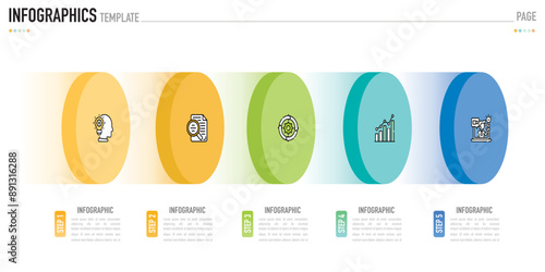 Circular isometric infographic template or element with 5 step, process, option, colorful 3D circle, tag, button, label, icons, row, bar, funnel, fishbone, tree diagram for sale slide, web, flowchart