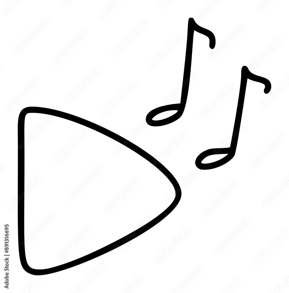 Hand drawn sign Play and Melody notes icon. listening to music through the app or headphone. Concept for online music, radio, listening to podcasts,. Vector illustration isolated on white background Hand drawn sign Play and Melody notes icon. listening to music through the app or headphone. Concept for online music, radio, listening to podcasts,. Vector illustration isolated on white background