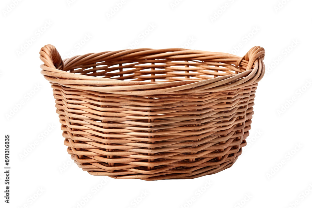 A Handcrafted Wicker Basket With Intricate Weaving and Two Handles on a Clear PNG or White Background. A Handcrafted Wicker Basket With Intricate Weaving and Two Handles on a Clear PNG or White Background.